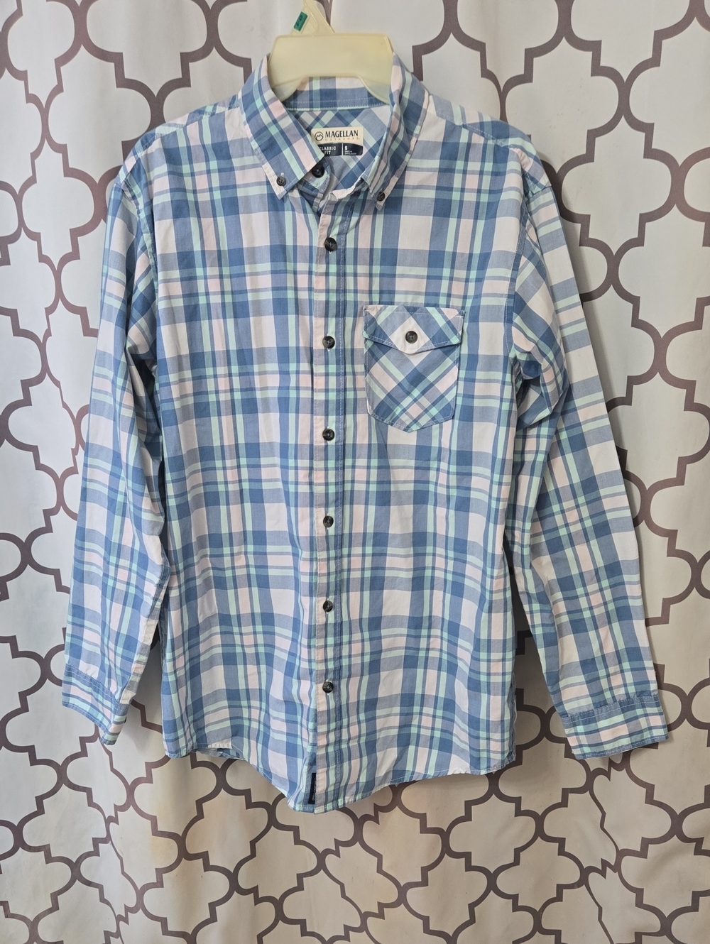 Magellan Outdoors Blue, White and Aqua Plaid Button-Down Shirt